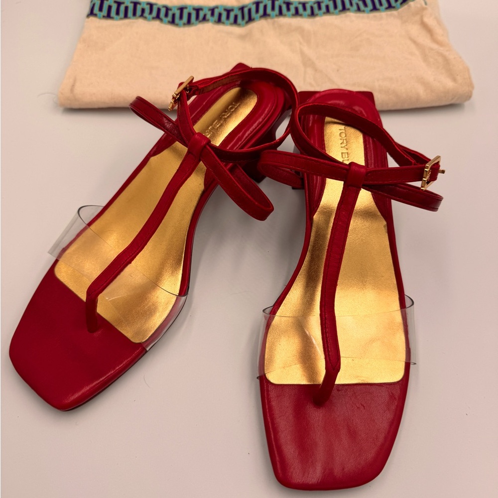 Red Tory Burch leather and lacquer sandals Sz 6 1/2. Barely worn.